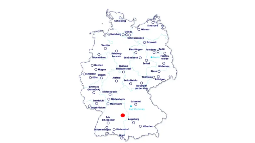 Darstellung: Die Standorte der Elis Deutschland & Österreich (rot hervorgehoben: Erbach an der Donau)