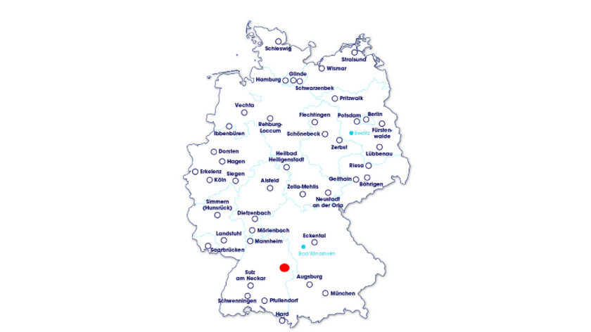 Darstellung: Die Standorte der Elis Deutschland & Österreich (rot hervorgehoben: Erbach an der Donau)