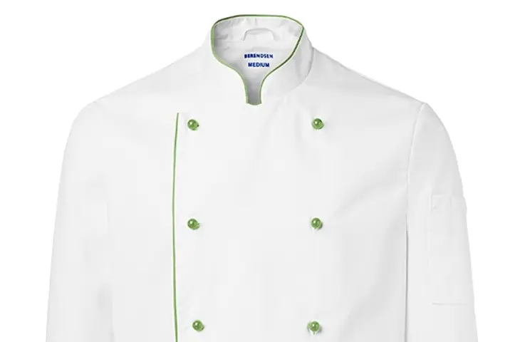 berufsbekleidung catering kochjacke steckknoepfe weiss paspel gruen