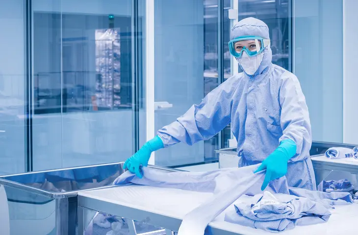 Bild einer Mitarbeiterin in einem Reinraum mit Schutzbrille