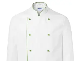 berufsbekleidung catering kochjacke steckknoepfe weiss paspel gruen